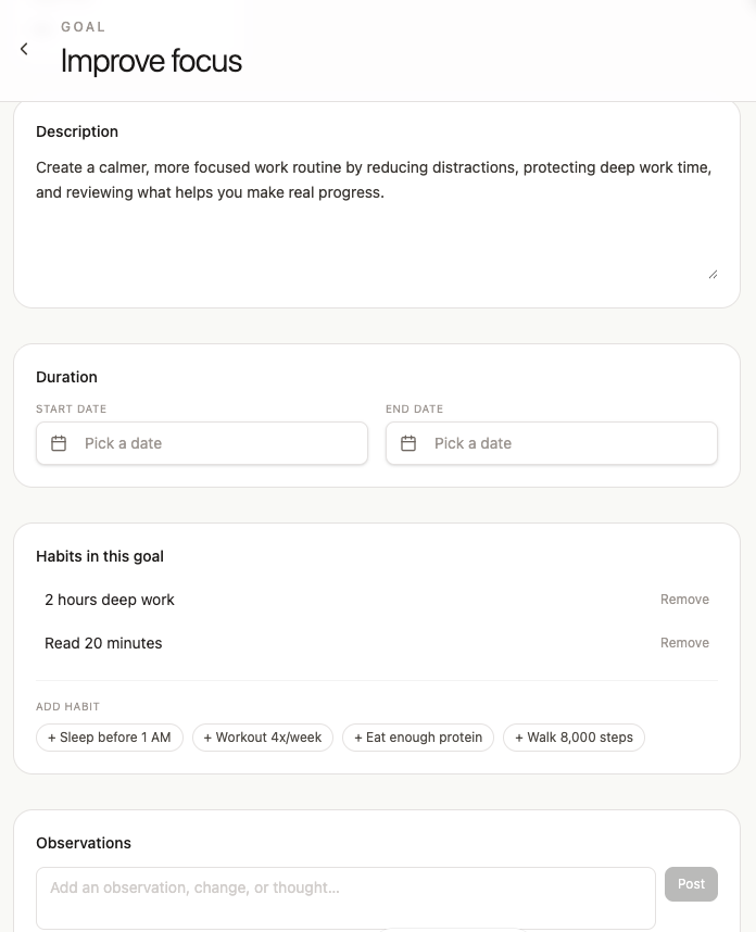 Ghom goal page connecting a focus goal with supporting habits and observations
